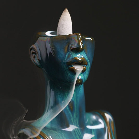 Beauty Statue Half-Head Blue Ceramic Backflow Incense Burner